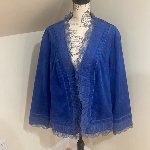 Victor Costa blue velvet ruffled lace Bolero Jacket - Picture 3 of 11